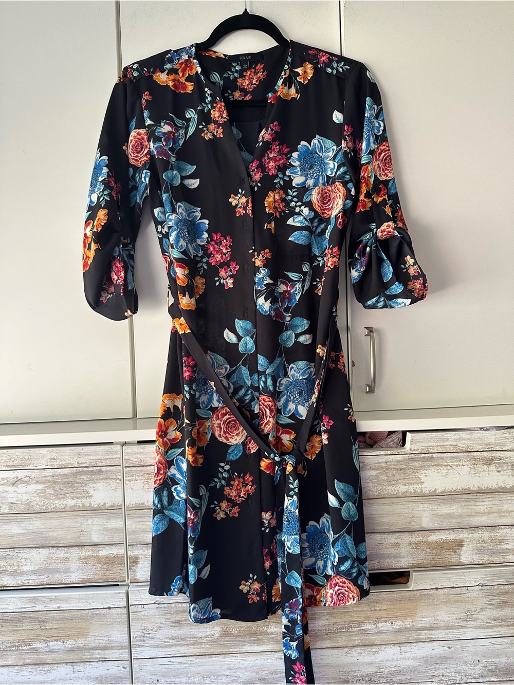 🌺 Eclair Black Floral Tie Waist Shirt Dress Size Small